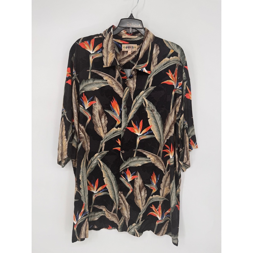 Campia Moda Floral Shirt Mens XXL Black Good Bird of Paradise Rayon Button Up